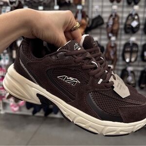 Avia Dark Brown Mesh and Suede Athletic Sneaker with Cream Sole 6.5